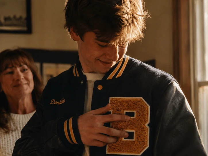 Young man touching a gold chenille letter B on a navy letterman jacket